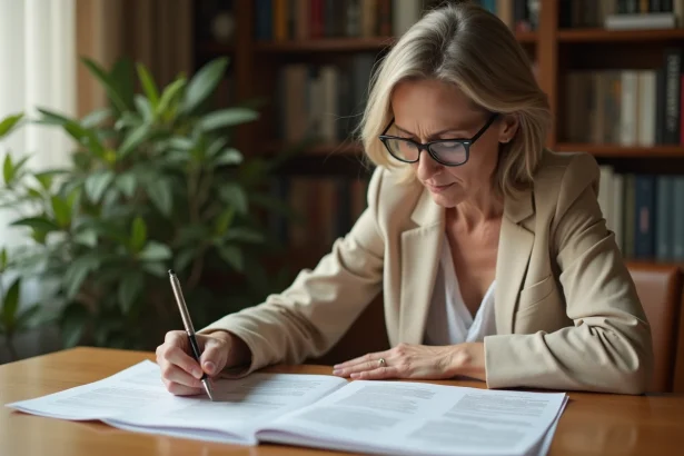 Femme d'une cinquantaine d'années relisant attentivement un contrat de résidence senior avant de le signer