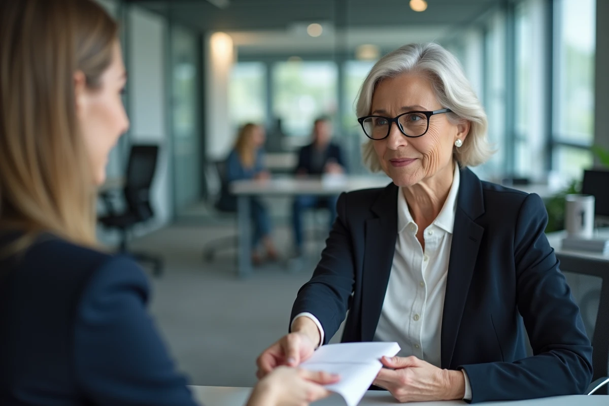 Femme cadre remettant sa lettre de départ à la retraite aux ressources humaines en entreprise