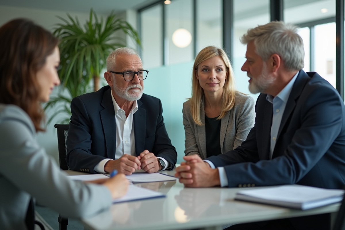 Homme âgé et sa fille rencontrant un conseiller bancaire