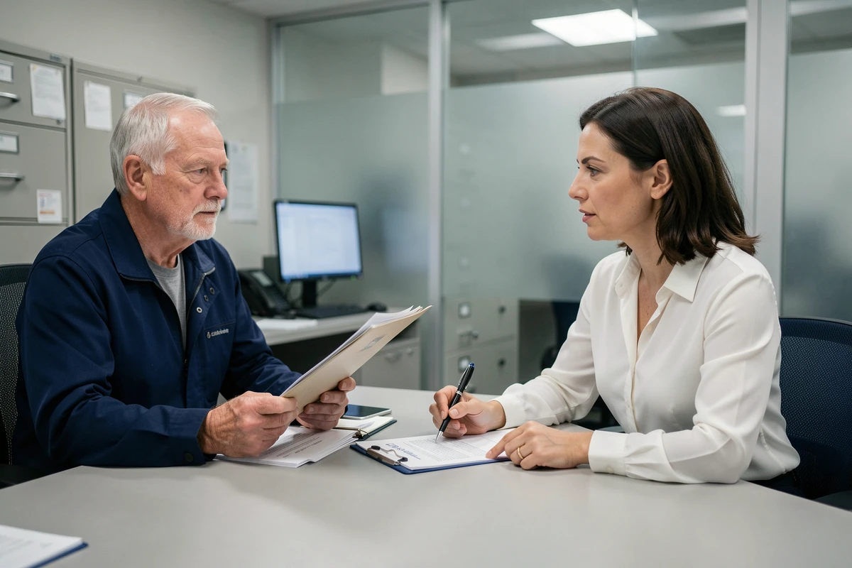 Homme retraité en rendez-vous avec une conseillère pour le calcul de sa pension de réversion