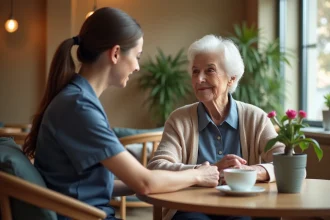 Personne âgée accompagnée par une aide-soignante dans une résidence seniors Domitys, illustrant le tarif pour un proche dépendant
