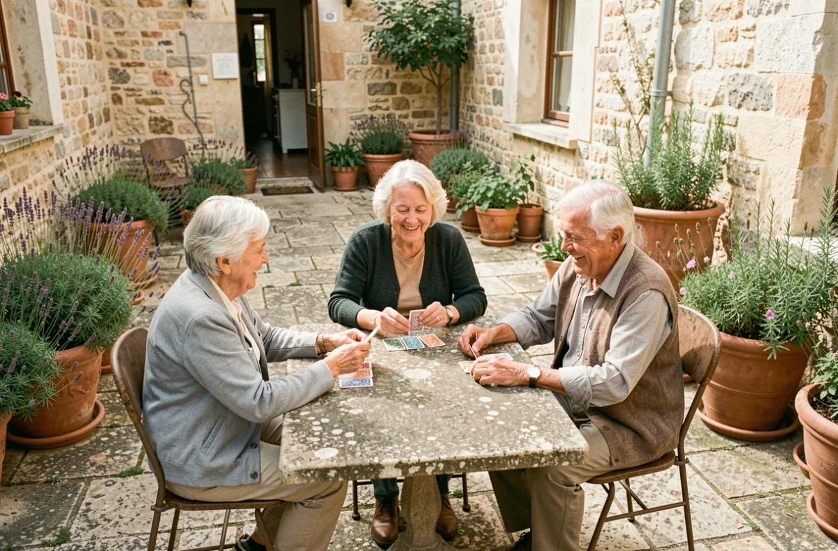 Résidents seniors jouant aux cartes dans la cour intérieure d'un EHPAD à Nîmes, ambiance conviviale et vie sociale en maison de retraite