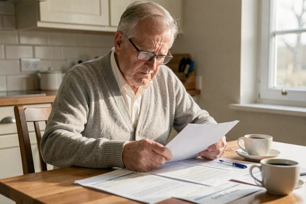 Retraité lisant ses documents fiscaux à la table de cuisine, inquiet de l'abattement fiscal de 10%