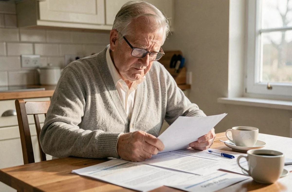 Retraité lisant ses documents fiscaux à la table de cuisine, inquiet de l'abattement fiscal de 10%