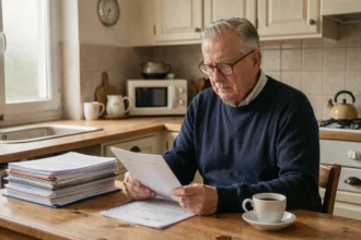 Retraité consultant ses documents de retraite Agirc-Arrco à la table de sa cuisine