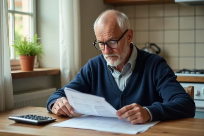 Retraité étudiant ses documents de pension Agirc-Arrco à la table de cuisine en 2026