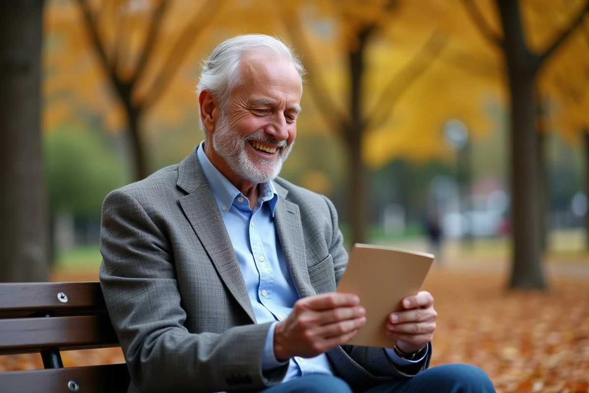 Homme à la retraite lisant une carte de vœux manuscrite sur un banc de parc en automne avec une expression émue