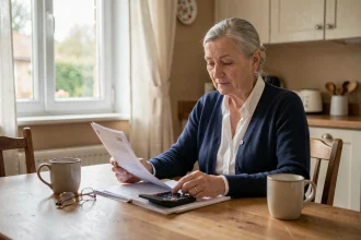 Femme retraitée consultant ses documents de pension Agirc-Arrco à la maison
