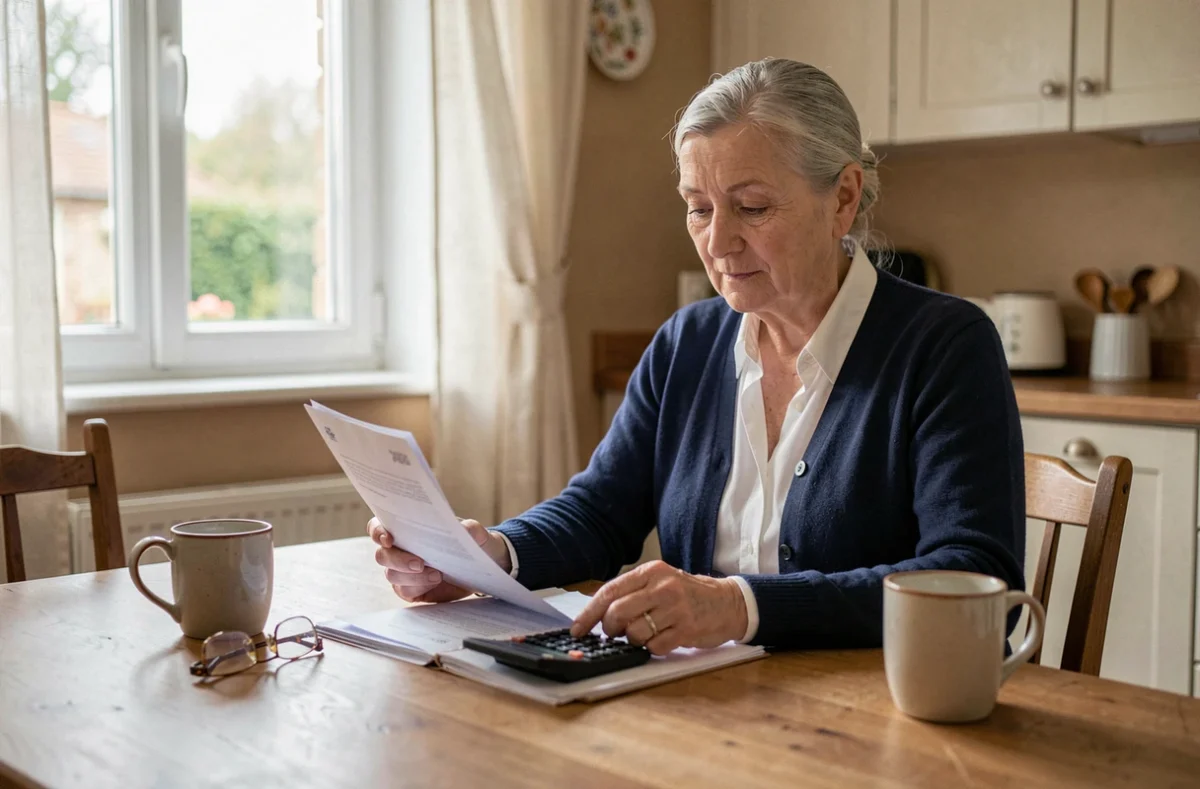 Femme retraitée consultant ses documents de pension Agirc-Arrco à la maison