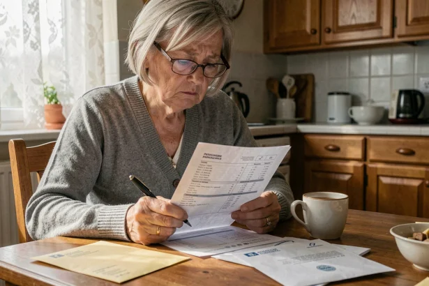 Femme retraitée qui examine son relevé de pension à la maison avec une expression préoccupée