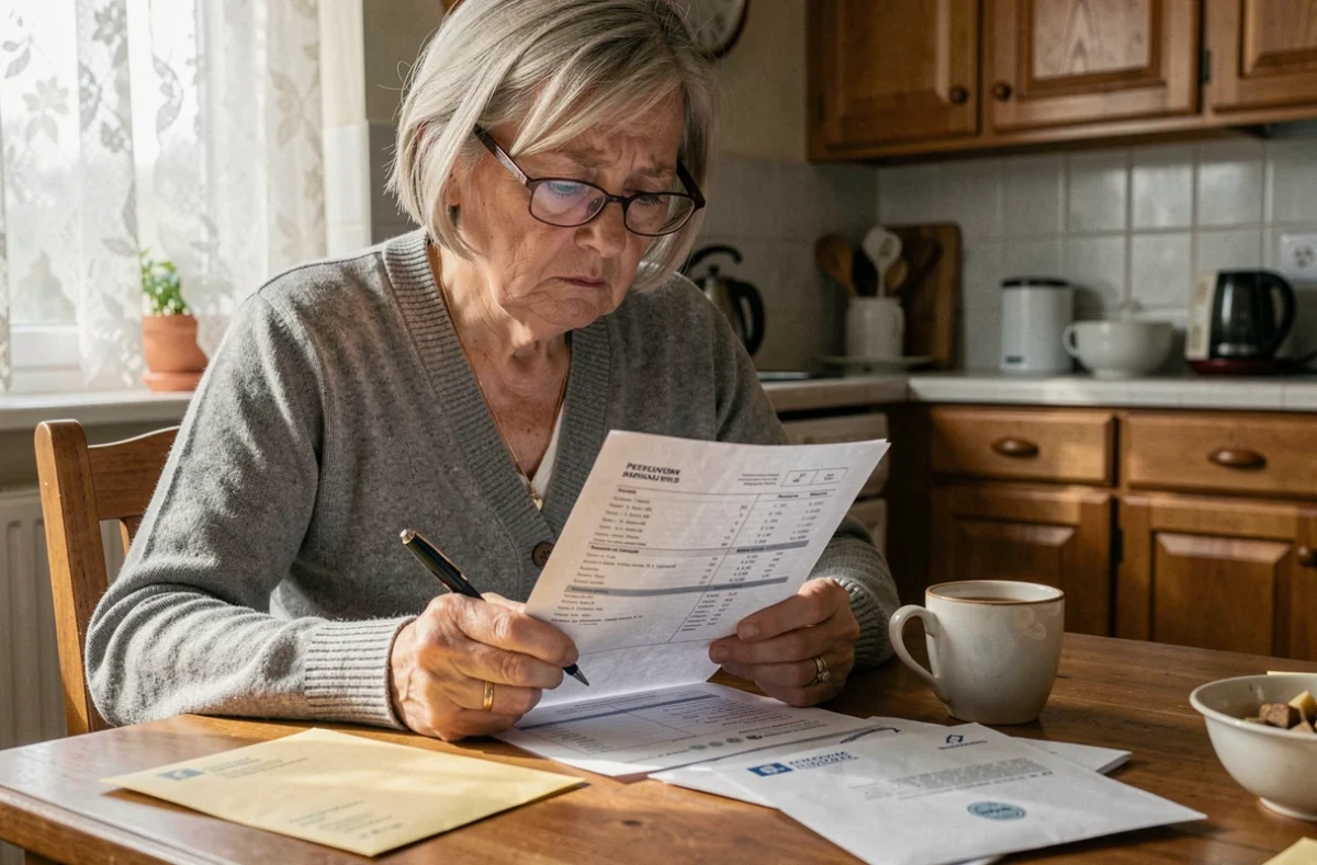 Femme retraitée qui examine son relevé de pension à la maison avec une expression préoccupée