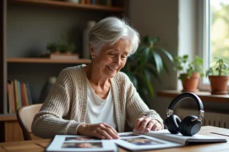 Femme retraitée souriante feuilletant un album photo dans un salon