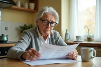 Femme retraitée qui consulte ses relevés bancaires à la table de cuisine, réfléchissant à l'impact de son compte courant sur l'ASPA