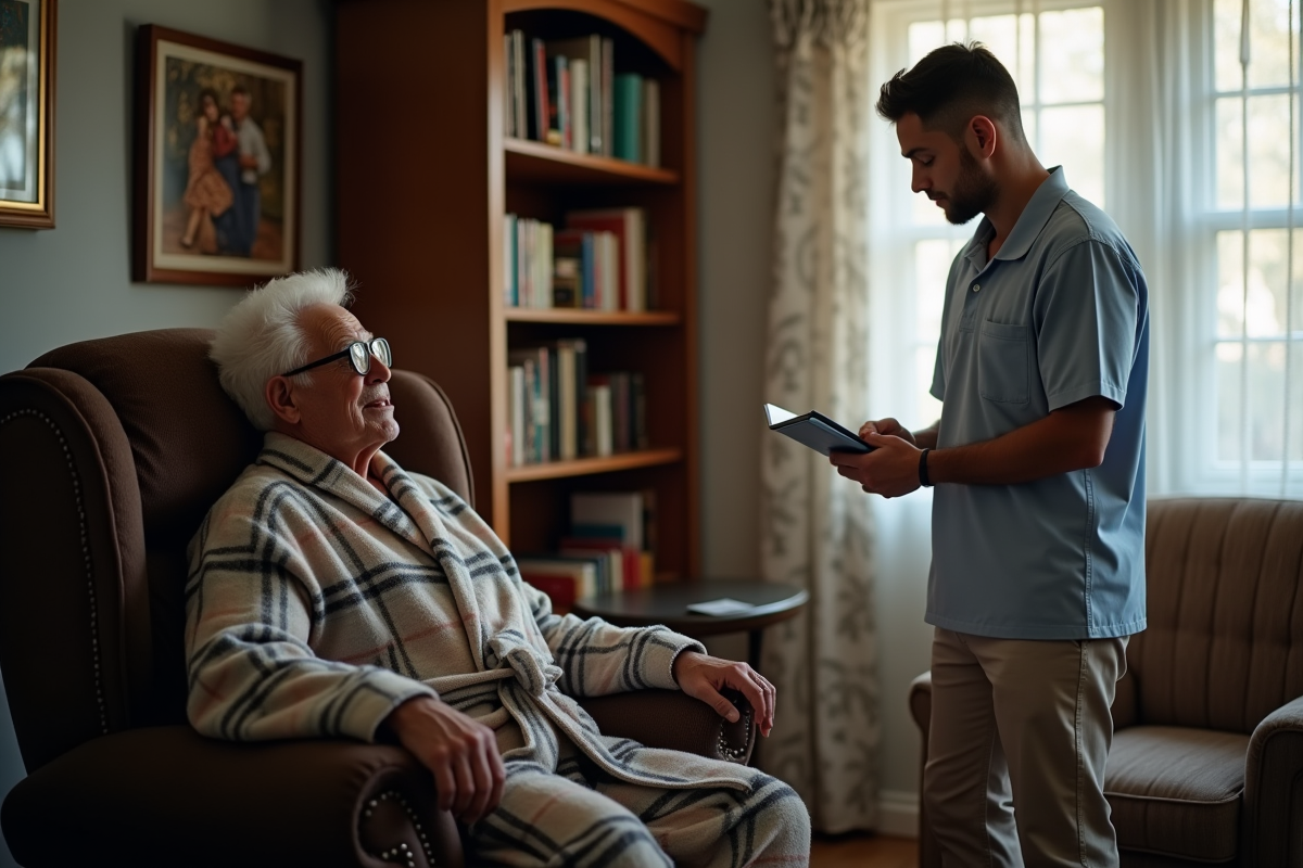 Soignant professionnel surveillant un senior dans un salon