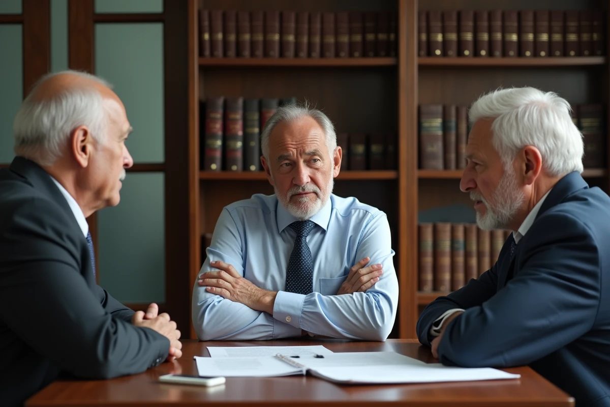 Réunion familiale tendue autour d'une table dans un bureau juridique, discussion sur l'habilitation familiale et la protection d'un parent âgé