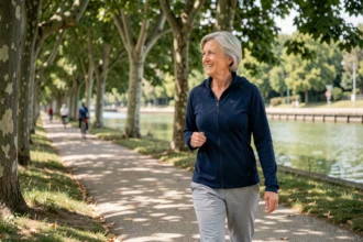 Senior active se promenant sur les bords du Canal du Midi à Toulouse, adoptant un mode de vie dynamique et épanoui