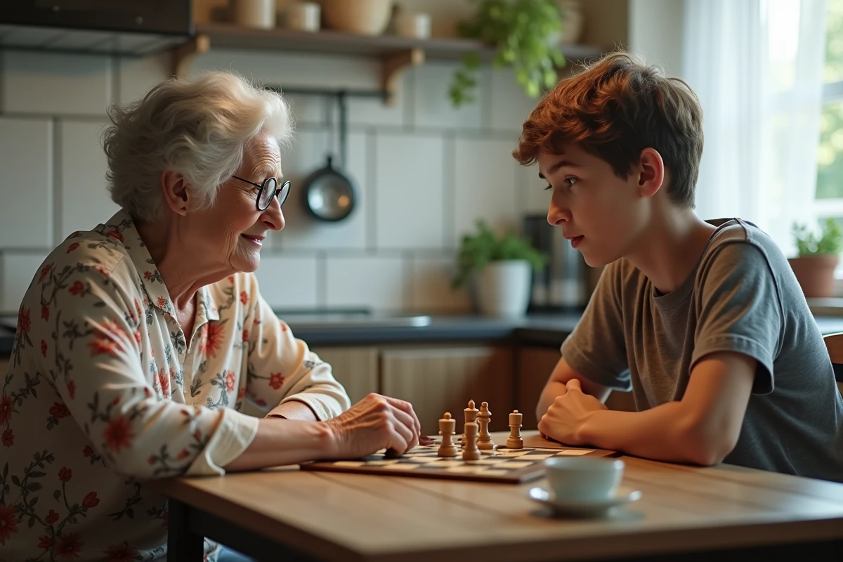 Mamie et adolescent concentrés sur un jeu de stratégie à la table de cuisine, moment de complicité intergénérationnel