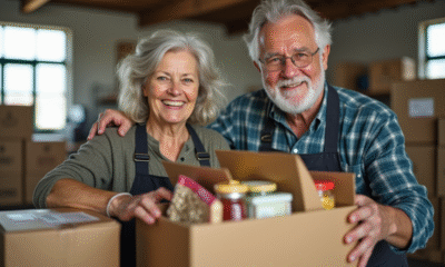 Une femme et un homme seniors bénévoles à la banque alimentaire