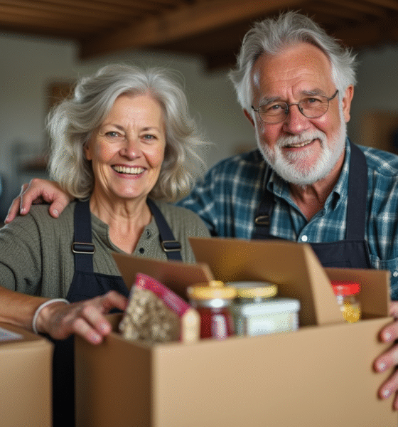 Une femme et un homme seniors bénévoles à la banque alimentaire
