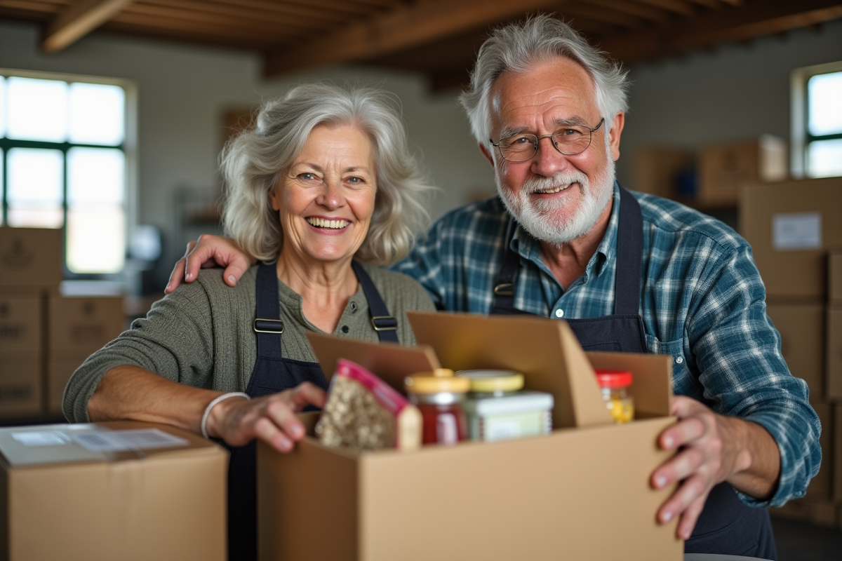 Une femme et un homme seniors bénévoles à la banque alimentaire