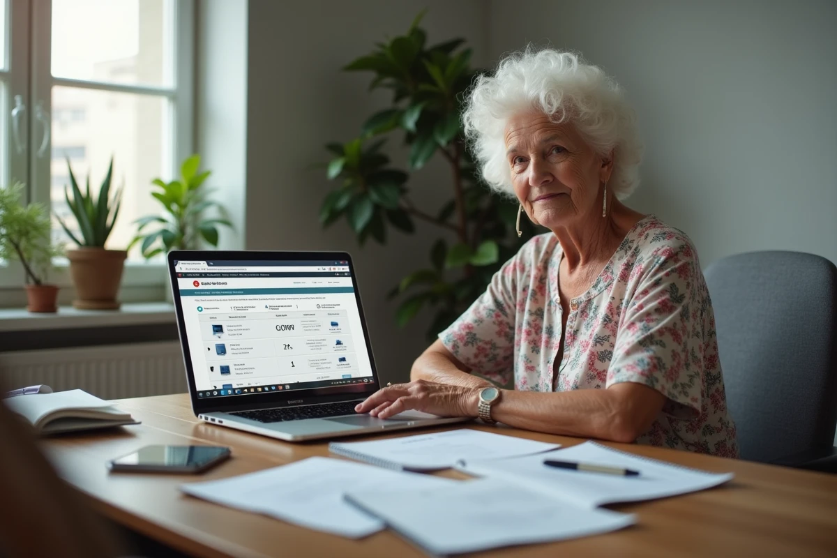 Femme senior comparant des détecteurs de chute sur ordinateur portable à son bureau