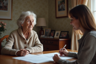 Dame âgée avec documents légaux et femme aidante