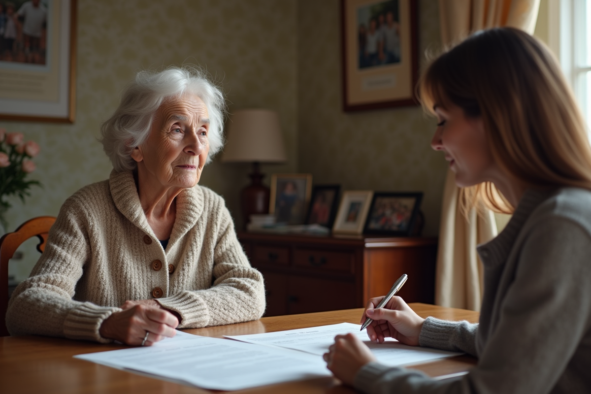 Dame âgée avec documents légaux et femme aidante