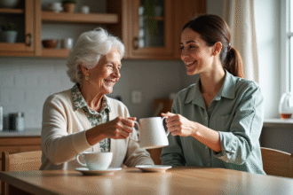 Femme âgée partage un thé avec une aide à domicile dans une cuisine lumineuse