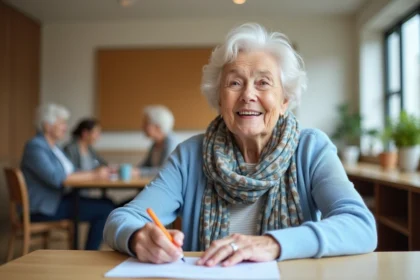 Femme senior souriante remplissant un formulaire dans un centre communautaire