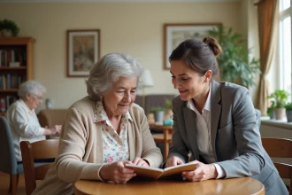 Femme âgée lisant une brochure avec une autre femme dans un salon