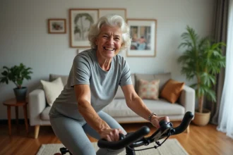 Femme senior souriante à vélo d'appartement chez elle