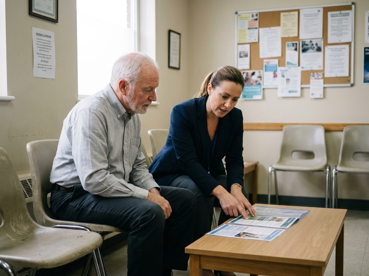 Senior homme accompagné par une assistante sociale pour une demande d'aide financière