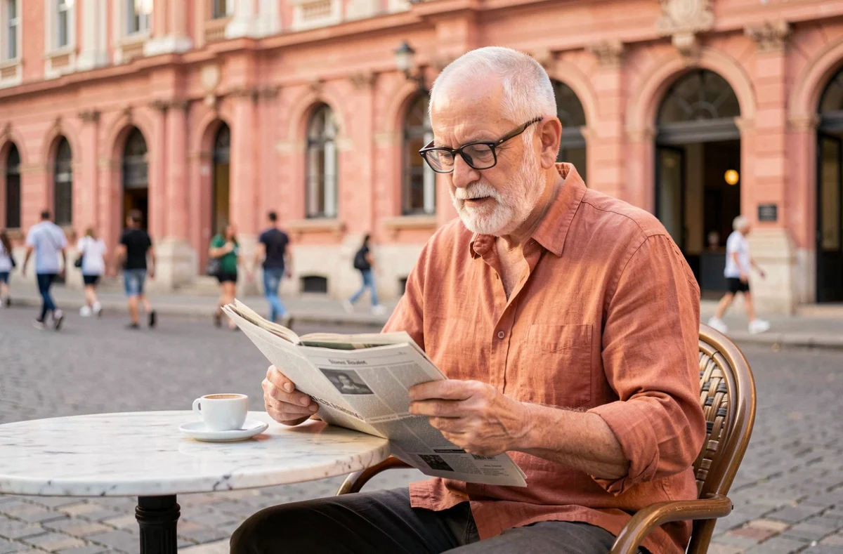 Senior homme actif lisant son journal en terrasse Place du Capitole à Toulouse, profitant de la vie sociale urbaine