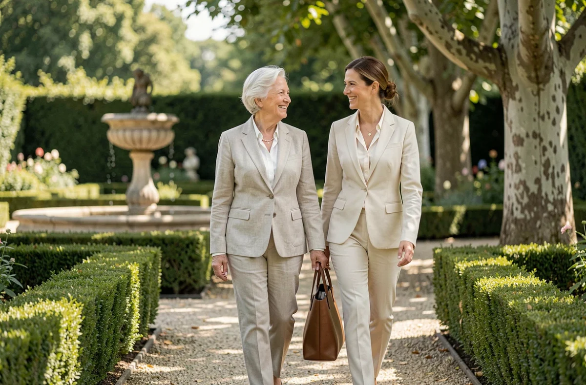 Senior autonome se promenant dans un jardin privé accompagnée de son aide à domicile haut de gamme
