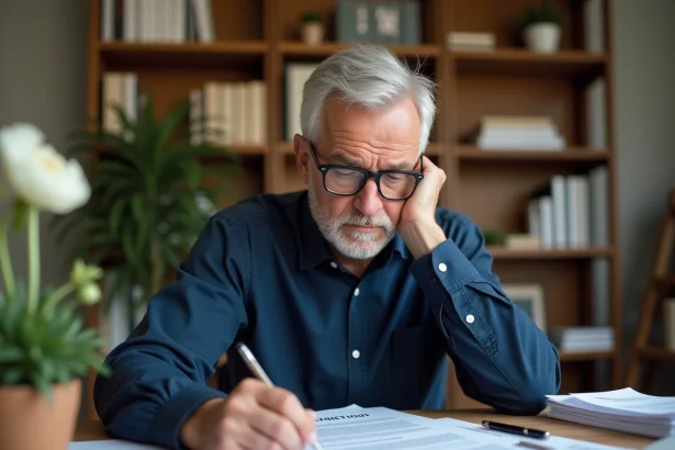 Senior homme d'une cinquantaine d'années relisant attentivement un contrat CDI à son bureau à domicile, expression concentrée et prudente