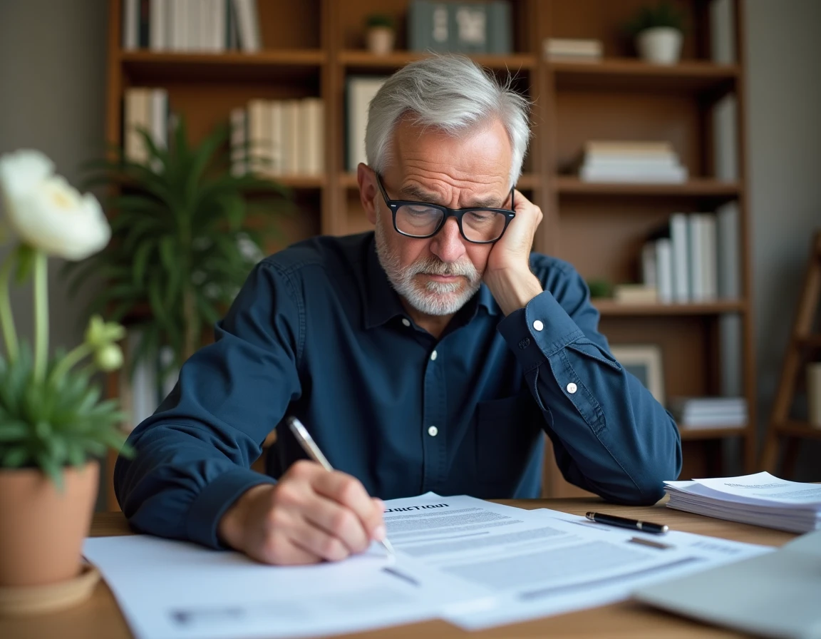 Senior homme d'une cinquantaine d'années relisant attentivement un contrat CDI à son bureau à domicile, expression concentrée et prudente