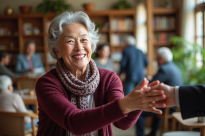 Seniore souriante saluant un ami dans un centre communautaire