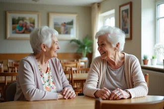 Seniorelle souriante en conversation chaleureuse avec sa fille