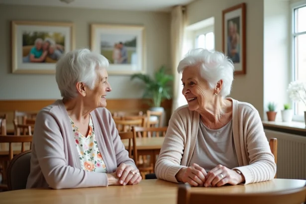 Seniorelle souriante en conversation chaleureuse avec sa fille
