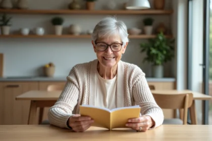 Femme agee souriante lit une brochure dans la cuisine moderne