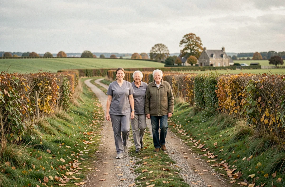 Une aide à domicile accompagnant un couple de seniors en promenade dans le paysage rural du Pays de Bray