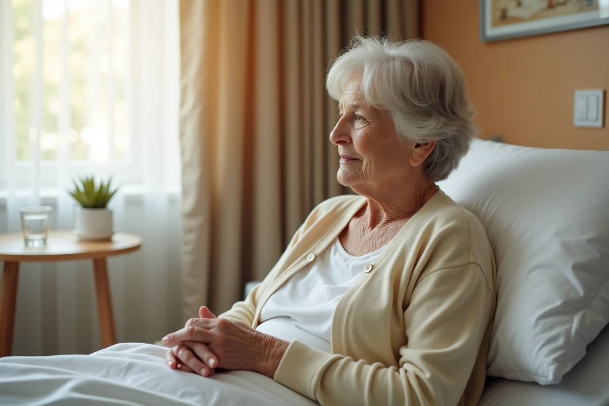 Femme âgée alitée en maison de soins, signes de fin de vie et accompagnement bienveillant