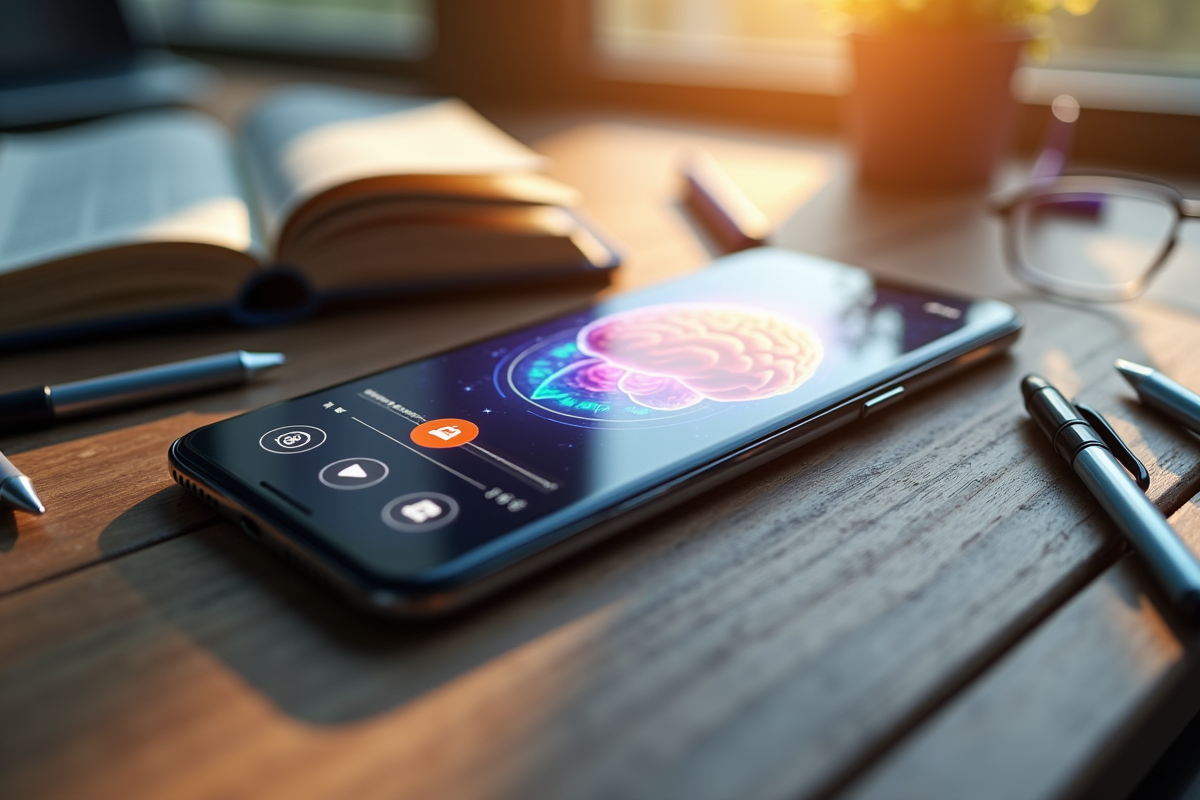 Smartphone avec jeu de réflexion sur un bureau en journée