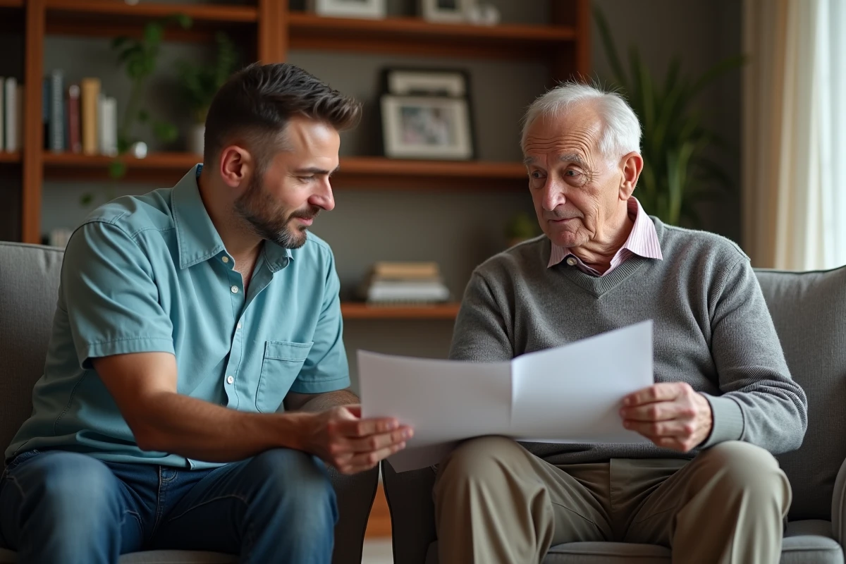 Homme âgé avec soignant regardant un graphique