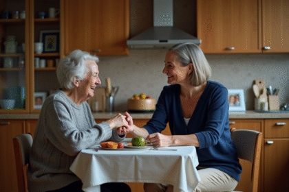 Aide-soignante aidant une personne agee a la maison