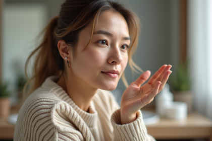 Femme appliquant crème anti rides dans sa salle de bain