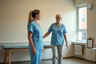 Physiothérapeute évaluant l'équilibre d'une patiente âgée lors d'un test de Tinetti en salle de rééducation
