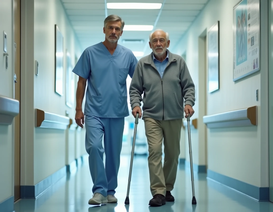 Infirmier accompagnant un patient âgé marchant avec une canne lors d'une évaluation de la marche selon le test de Tinetti