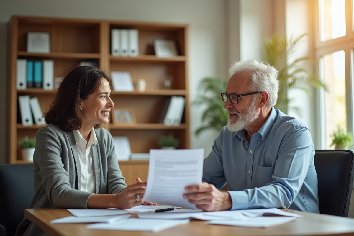 Travailleur social discutant avec un senior dans un bureau lumineux