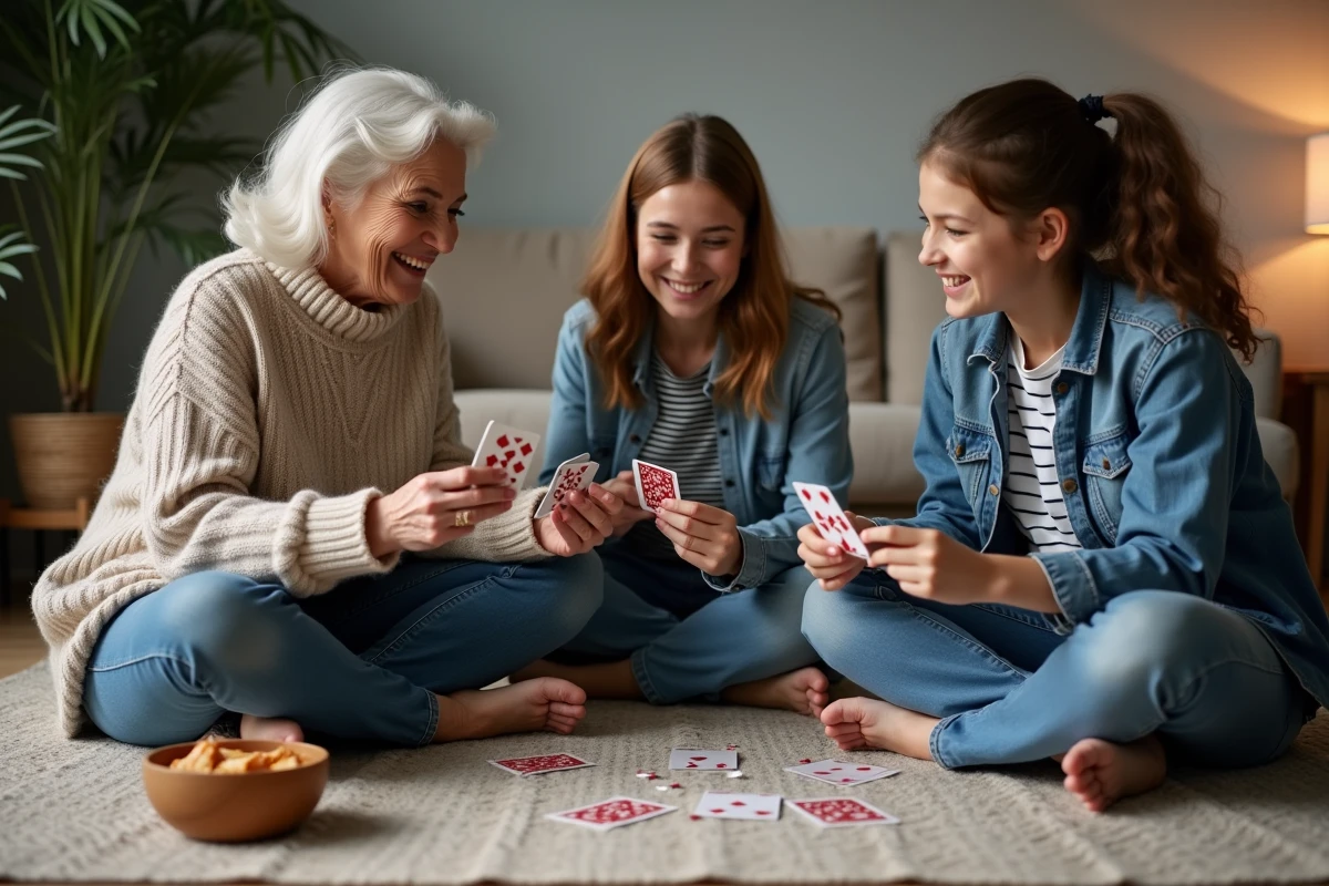 Trois générations de femmes jouant aux cartes assis sur un tapis de salon, grand-mère, mère et petite-fille souriantes